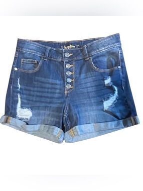 Mid-Rise Distressed Denim Shorts - Dark Blue
